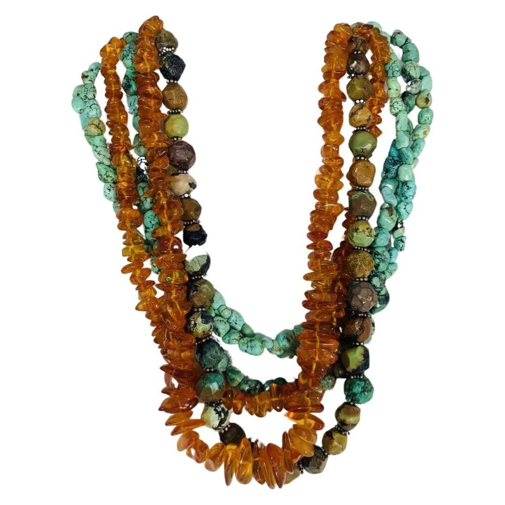 M Salazar 925 Sterling Silver Amber Turquoise Multistrand Statement Necklace 19" - Picture 6 of 16
